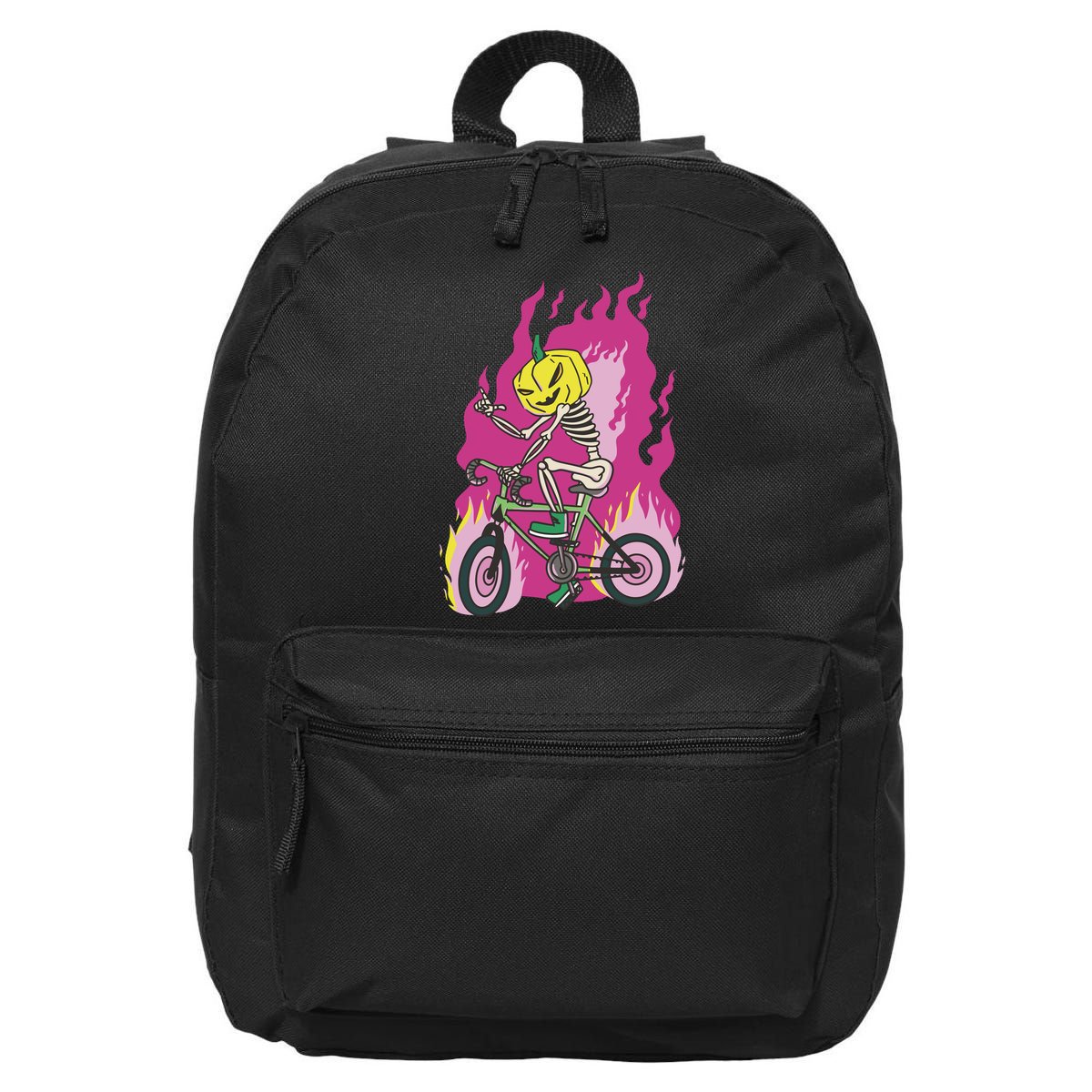 Pumpkin Skull Bike Rider Flame 16 in Basic Backpack