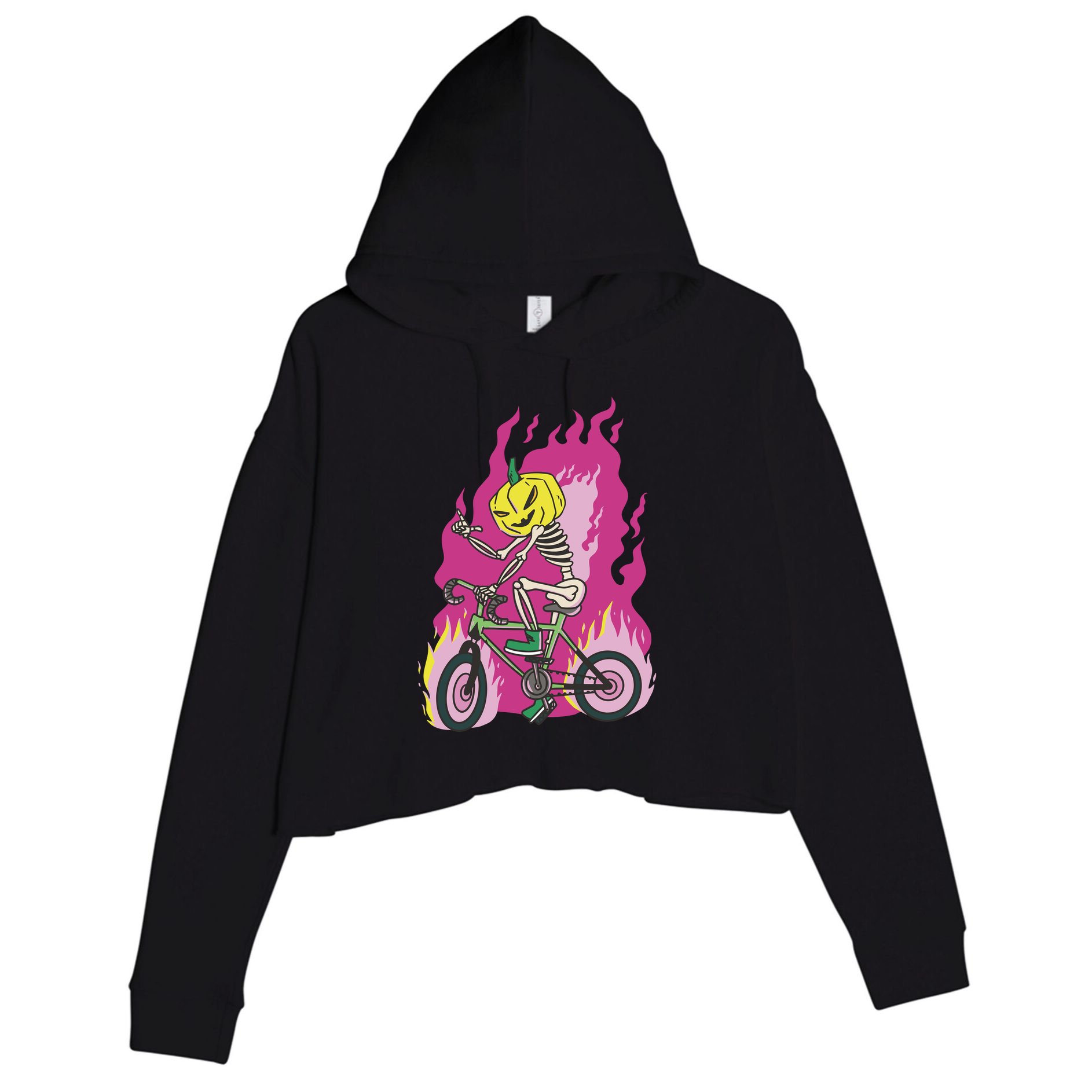Pumpkin Skull Bike Rider Flame Crop Fleece Hoodie