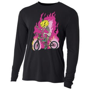 Pumpkin Skull Bike Rider Flame Cooling Performance Long Sleeve Crew