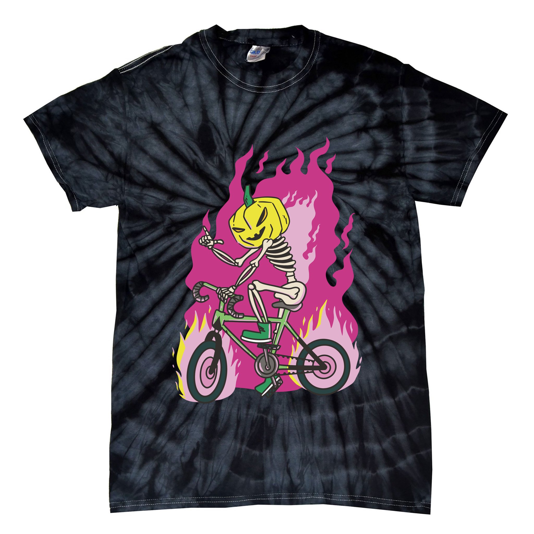 Pumpkin Skull Bike Rider Flame Tie-Dye T-Shirt