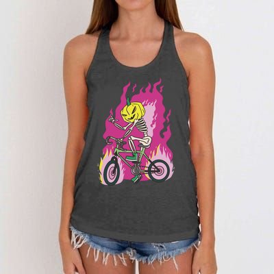 Pumpkin Skull Bike Rider Flame Women's Knotted Racerback Tank