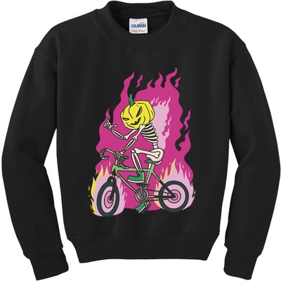 Pumpkin Skull Bike Rider Flame Kids Sweatshirt
