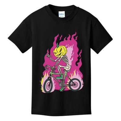 Pumpkin Skull Bike Rider Flame Kids T-Shirt