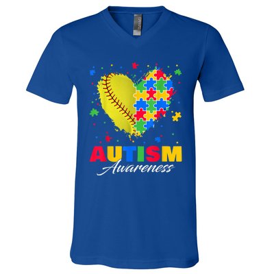 Puzzle Softball Ball Heart Autism Awareness Autistic kid V-Neck T-Shirt