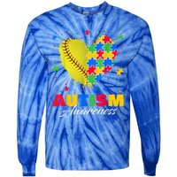 Puzzle Softball Ball Heart Autism Awareness Autistic kid Tie-Dye Long Sleeve Shirt