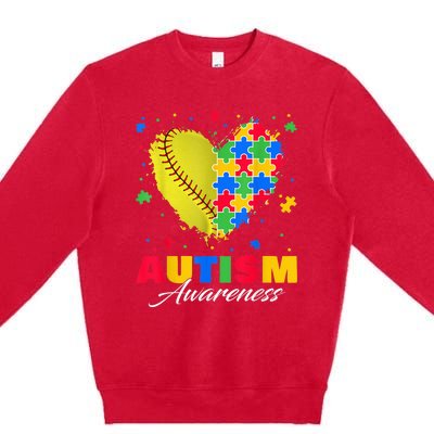 Puzzle Softball Ball Heart Autism Awareness Autistic kid Premium Crewneck Sweatshirt