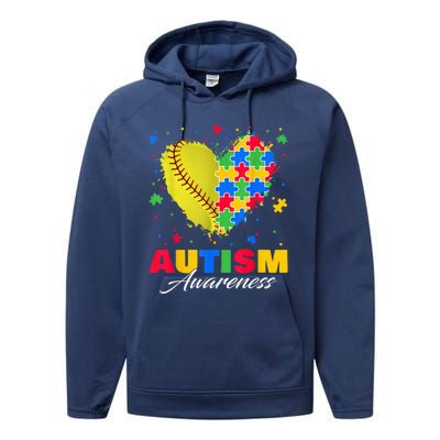 Puzzle Softball Ball Heart Autism Awareness Autistic kid Performance Fleece Hoodie