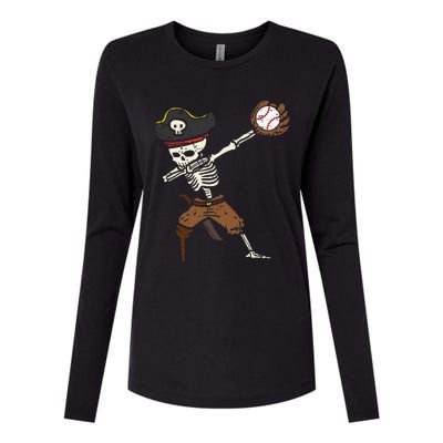 Pirate Skeleton Baseball Catcher Halloween Womens Cotton Relaxed Long Sleeve T-Shirt