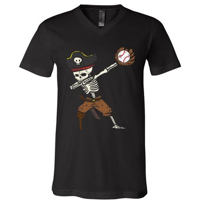 Pirate Skeleton Baseball Catcher Halloween V-Neck T-Shirt