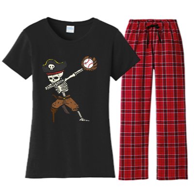 Pirate Skeleton Baseball Catcher Halloween Women's Flannel Pajama Set