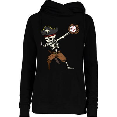 Pirate Skeleton Baseball Catcher Halloween Womens Funnel Neck Pullover Hood