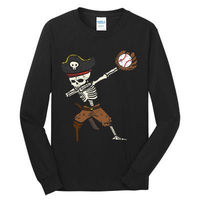 Pirate Skeleton Baseball Catcher Halloween Tall Long Sleeve T-Shirt