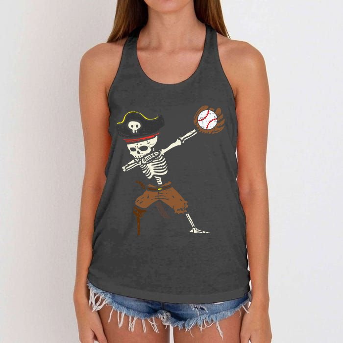 Pirate Skeleton Baseball Catcher Halloween Women's Knotted Racerback Tank