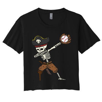 Pirate Skeleton Baseball Catcher Halloween Women's Crop Top Tee