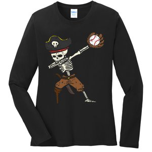 Pirate Skeleton Baseball Catcher Halloween Ladies Long Sleeve Shirt