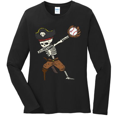 Pirate Skeleton Baseball Catcher Halloween Ladies Long Sleeve Shirt