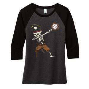 Pirate Skeleton Baseball Catcher Halloween Women's Tri-Blend 3/4-Sleeve Raglan Shirt