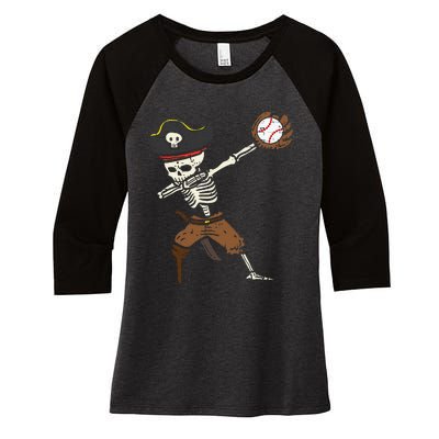 Pirate Skeleton Baseball Catcher Halloween Women's Tri-Blend 3/4-Sleeve Raglan Shirt