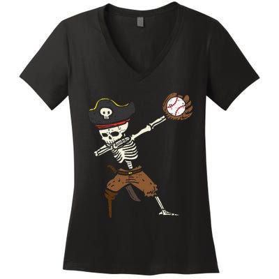 Pirate Skeleton Baseball Catcher Halloween Women's V-Neck T-Shirt