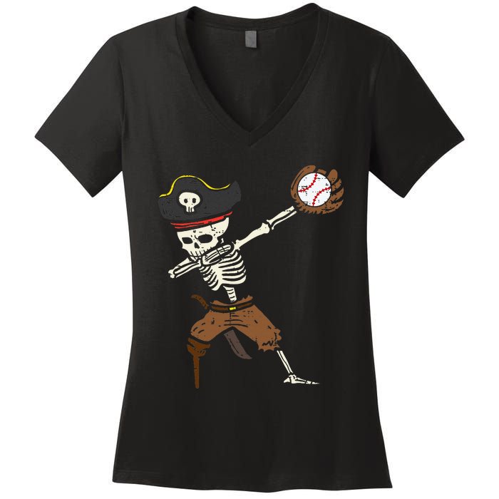 Pirate Skeleton Baseball Catcher Halloween Women's V-Neck T-Shirt