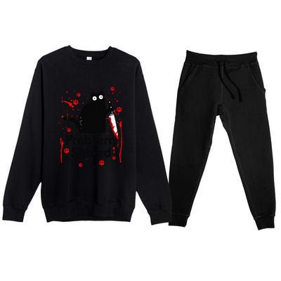 Problem Solved Bloody Funny Black Cat With Knife Cat Lovers Premium Crewneck Sweatsuit Set