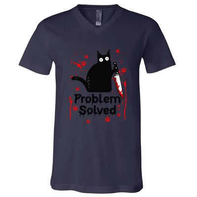 Problem Solved Bloody Funny Black Cat With Knife Cat Lovers V-Neck T-Shirt