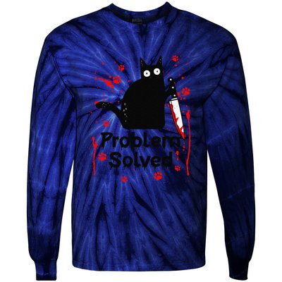 Problem Solved Bloody Funny Black Cat With Knife Cat Lovers Tie-Dye Long Sleeve Shirt