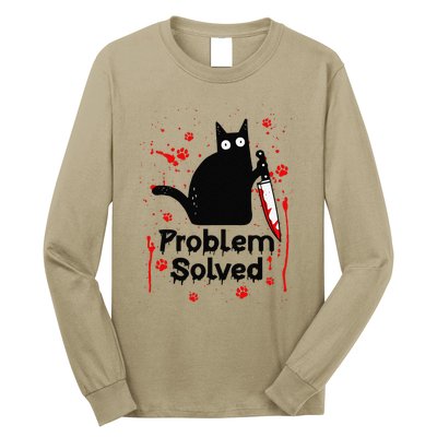 Problem Solved Bloody Funny Black Cat With Knife Cat Lovers Long Sleeve Shirt