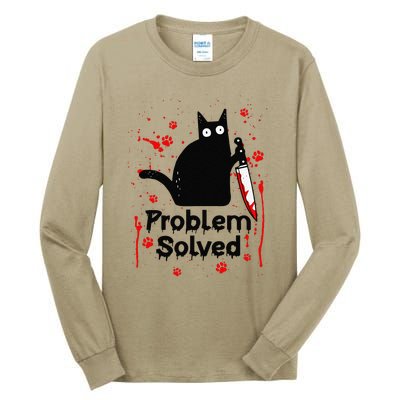 Problem Solved Bloody Funny Black Cat With Knife Cat Lovers Tall Long Sleeve T-Shirt