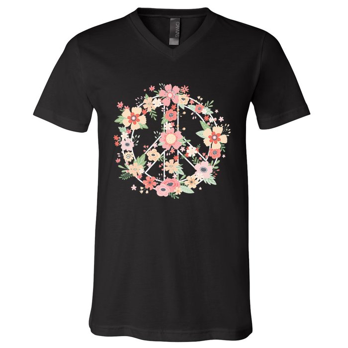 Peace Sign Bright Colorful Flowers 60s 70s Hippie Costume V-Neck T-Shirt