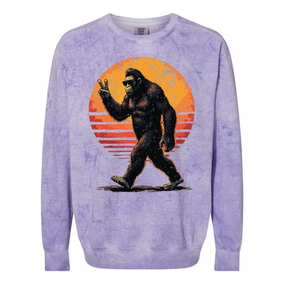 Peace Sign Bigfoot Sasquatch Sunset Graphic Funny Big Foot Gift Colorblast Crewneck Sweatshirt