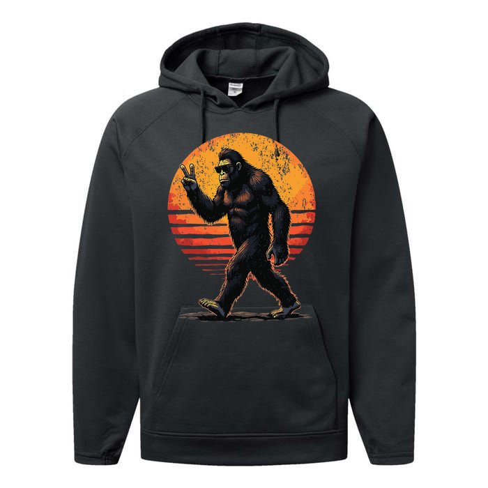 Peace Sign Bigfoot Sasquatch Sunset Graphic Funny Big Foot Gift Performance Fleece Hoodie