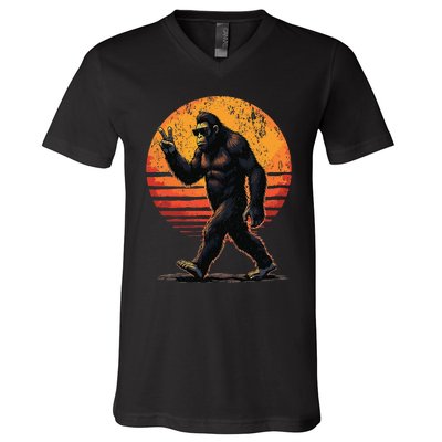 Peace Sign Bigfoot Sasquatch Sunset Graphic Funny Big Foot Gift V-Neck T-Shirt