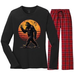 Peace Sign Bigfoot Sasquatch Sunset Graphic Funny Big Foot Gift Women's Long Sleeve Flannel Pajama Set 