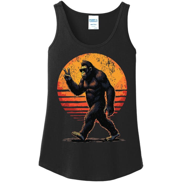 Peace Sign Bigfoot Sasquatch Sunset Graphic Funny Big Foot Gift Ladies Essential Tank