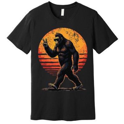 Peace Sign Bigfoot Sasquatch Sunset Graphic Funny Big Foot Gift Premium T-Shirt