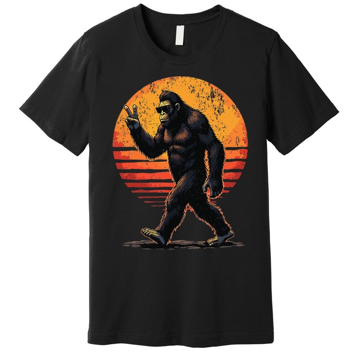 Peace Sign Bigfoot Sasquatch Sunset Graphic Funny Big Foot Gift Premium T-Shirt