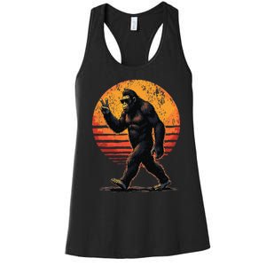 Peace Sign Bigfoot Sasquatch Sunset Graphic Funny Big Foot Gift Women's Racerback Tank