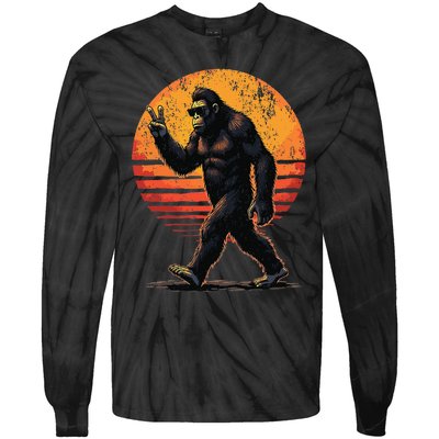 Peace Sign Bigfoot Sasquatch Sunset Graphic Funny Big Foot Gift Tie-Dye Long Sleeve Shirt