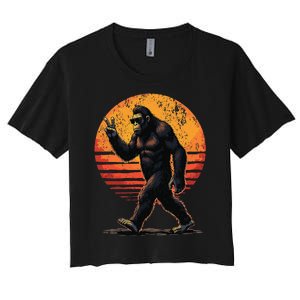 Peace Sign Bigfoot Sasquatch Sunset Graphic Funny Big Foot Gift Women's Crop Top Tee