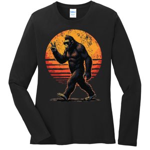 Peace Sign Bigfoot Sasquatch Sunset Graphic Funny Big Foot Gift Ladies Long Sleeve Shirt