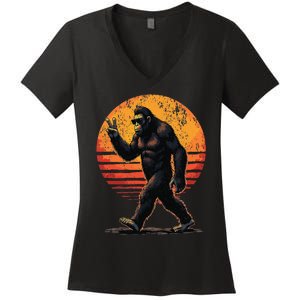 Peace Sign Bigfoot Sasquatch Sunset Graphic Funny Big Foot Gift Women's V-Neck T-Shirt