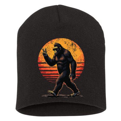 Peace Sign Bigfoot Sasquatch Sunset Graphic Funny Big Foot Gift Short Acrylic Beanie