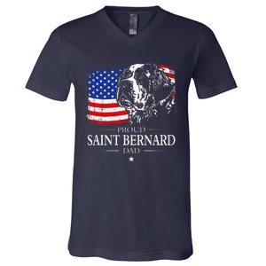 Proud Saint Bernard Dad American Flag Patriotic Dog Gift V-Neck T-Shirt