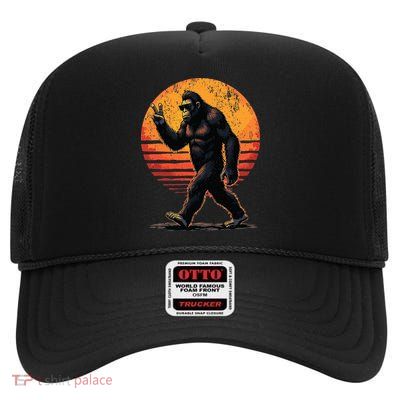 Peace Sign Bigfoot Sasquatch Sunset High Crown Mesh Back Trucker Hat