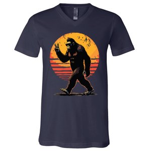 Peace Sign Bigfoot Sasquatch Sunset Graphic Funny Big Foot V-Neck T-Shirt