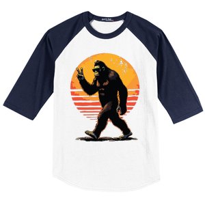 Peace Sign Bigfoot Sasquatch Sunset Graphic Funny Big Foot Baseball Sleeve Shirt