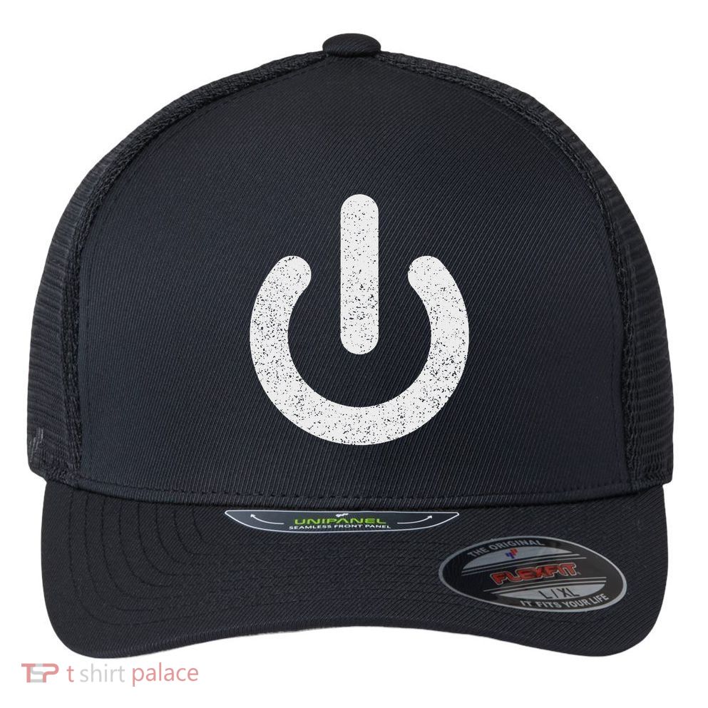 Power Symbol Button Switch Standby Icon Halloween Costume Flexfit Unipanel Trucker Cap