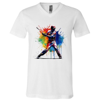 Paint Splash Baseball Player Gift For Fan V-Neck T-Shirt