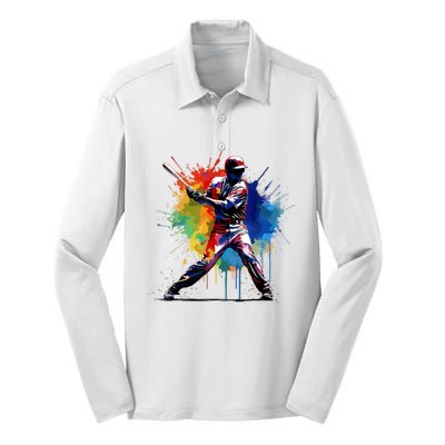 Paint Splash Baseball Player Gift For Fan Silk Touch Performance Long Sleeve Polo